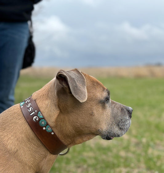 Wide Dog Collar – Personalized Leather Floral Collar for Large & Strong Dogs