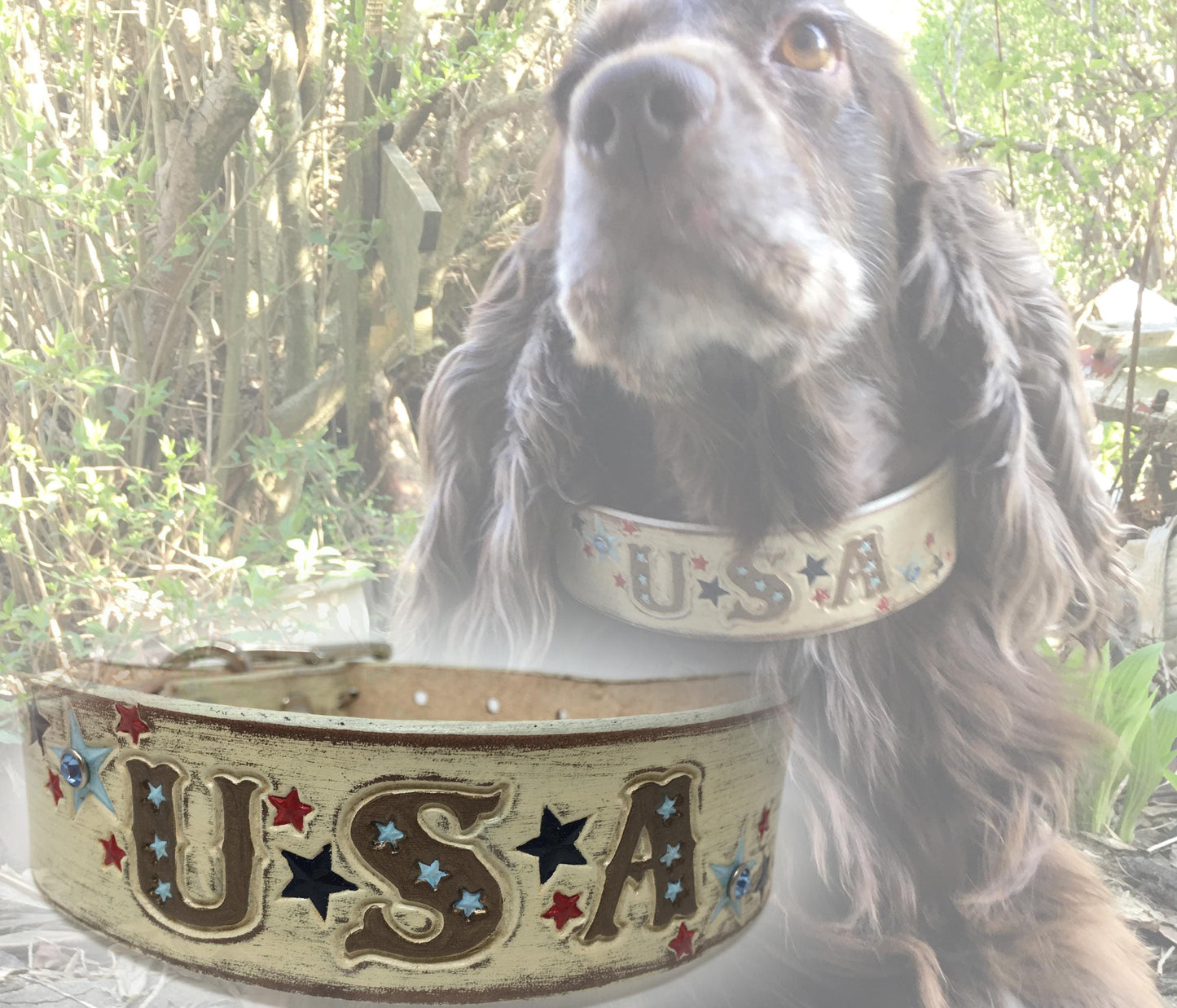 Personalized Patriotic Leather Dog Collar - 4th of July Theme - Engraved American Flag Design