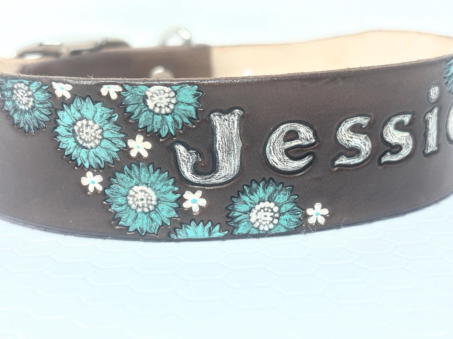 Floral Leather Dog Collar: Personalized Brown Leather, Blue Flower Accent