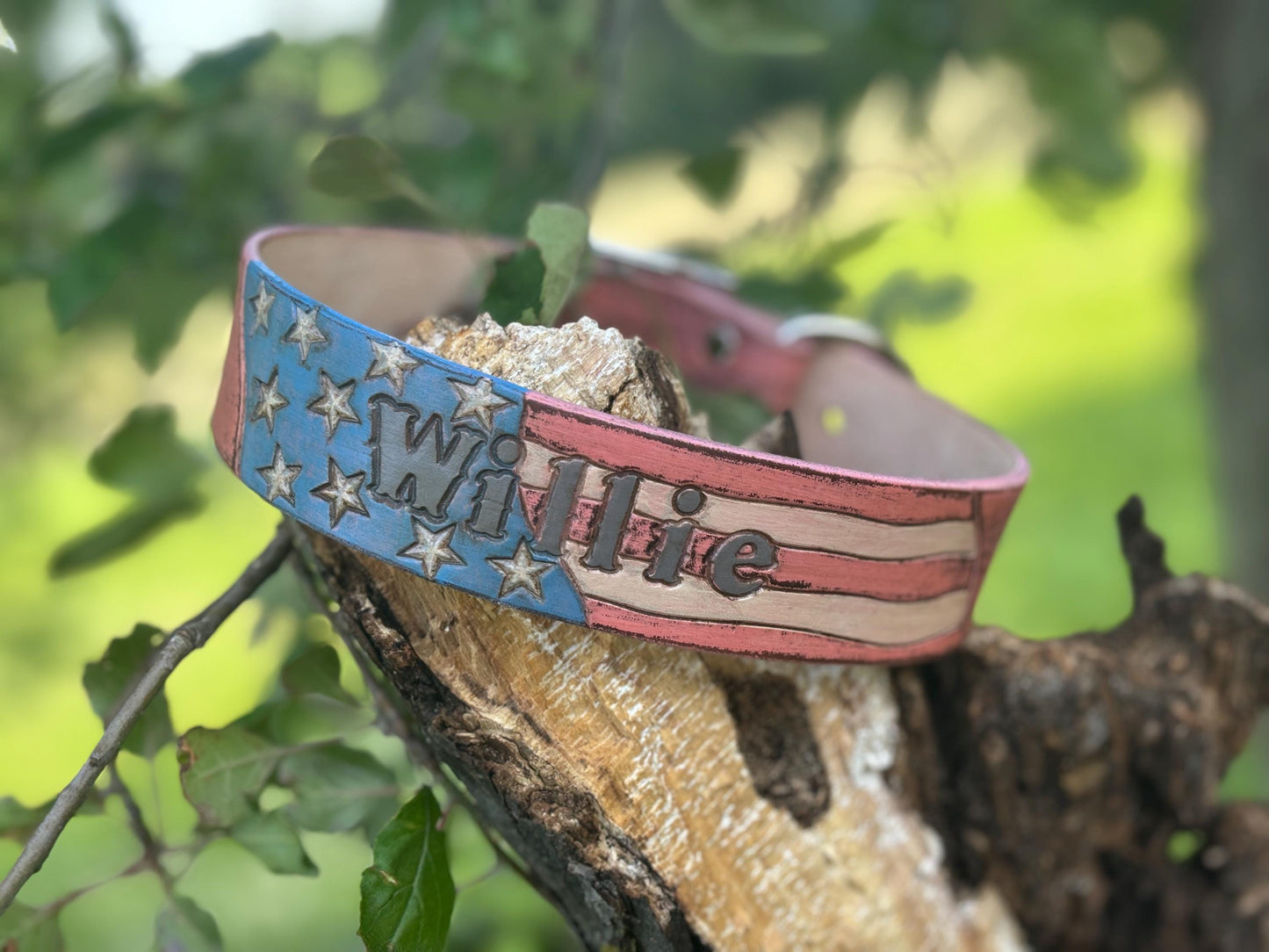 American Flag Leather Dog Collar | Patriotic Engraved Pet Collar