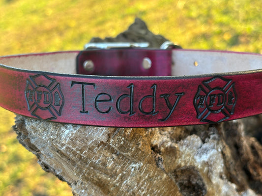 Firefighter Dog Collar with Maltese Cross - Custom Leather Dog Collar - For Medium Size Dogs - Dalmatian