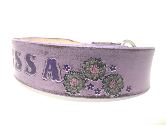 Lavender Distressed Leather - Girl Dog Collar - Floral Personalized Big Dogs