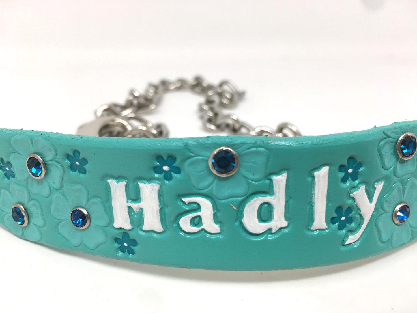 Personalized Blue Leather Goat Show Collar with Rhinestone Flowers and White Lettering - 24" Chain