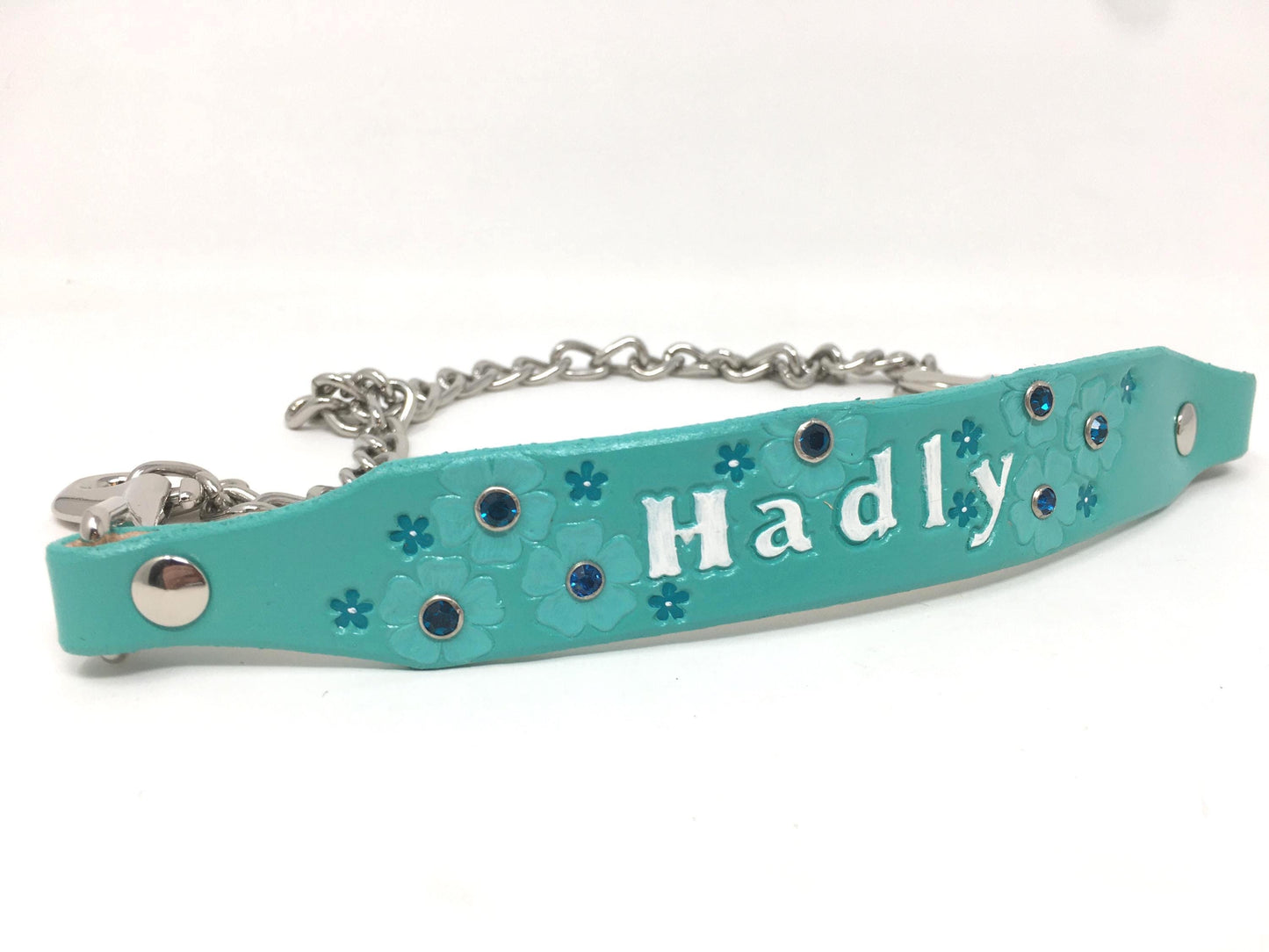 Personalized Blue Leather Goat Show Collar with Rhinestone Flowers and White Lettering - 24" Chain
