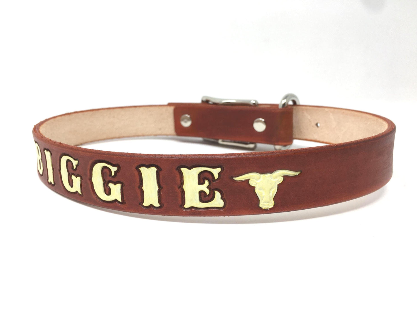 Brown Leather Texas Longhorn Dog Collar - Personalized Custom Fit