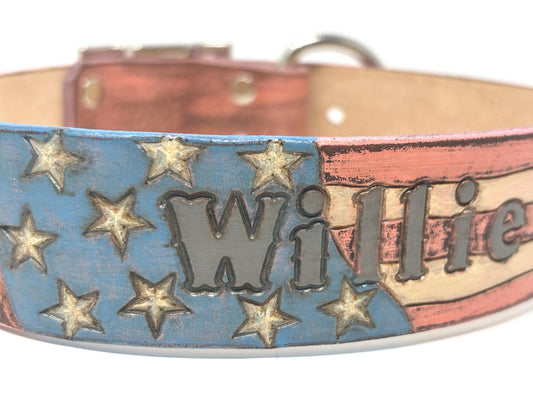 American Flag Leather Dog Collar | Patriotic Engraved Pet Collar