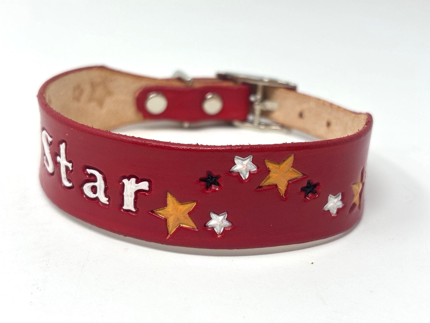 Tiny Red Personalized Leather Dog Collar For Small dogs necks under 12"