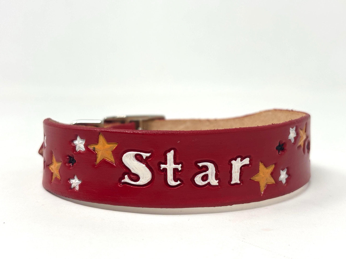 Tiny Red Personalized Leather Dog Collar For Small dogs necks under 12"