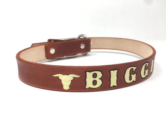 Brown Leather Texas Longhorn Dog Collar - Personalized Custom Fit