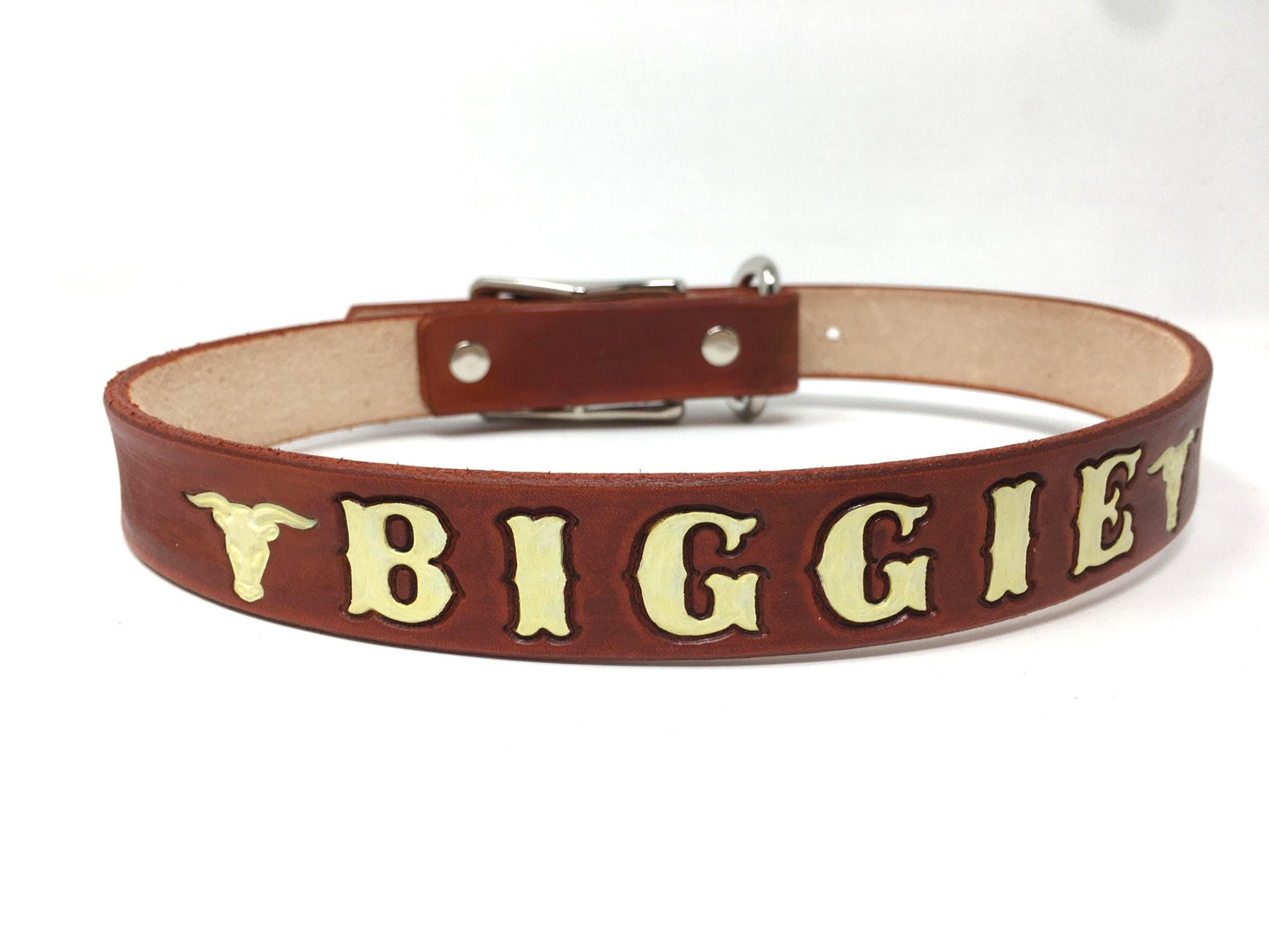 Brown Leather Texas Longhorn Dog Collar - Personalized Custom Fit