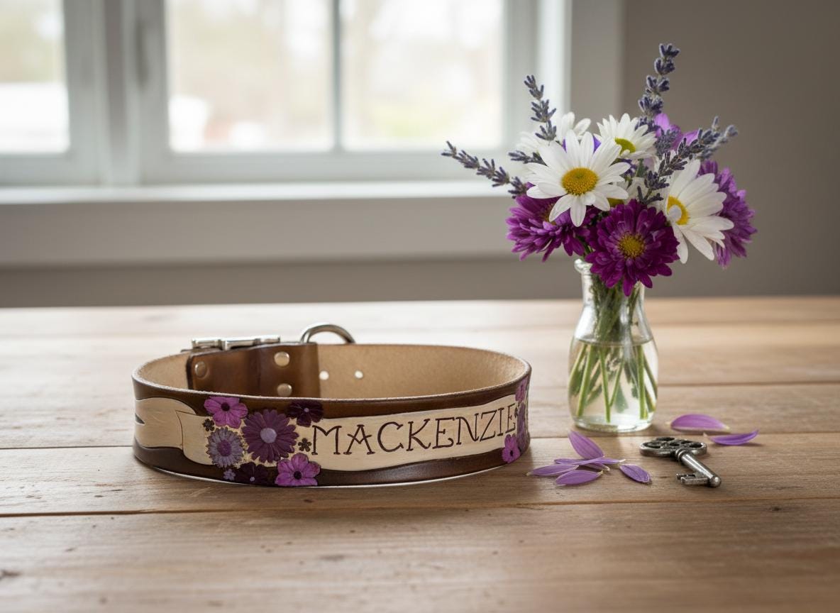 Personalized Purple Floral Engraved Leather - Girl Dog Collar - Custom Tattoo Font Pet ID Collar