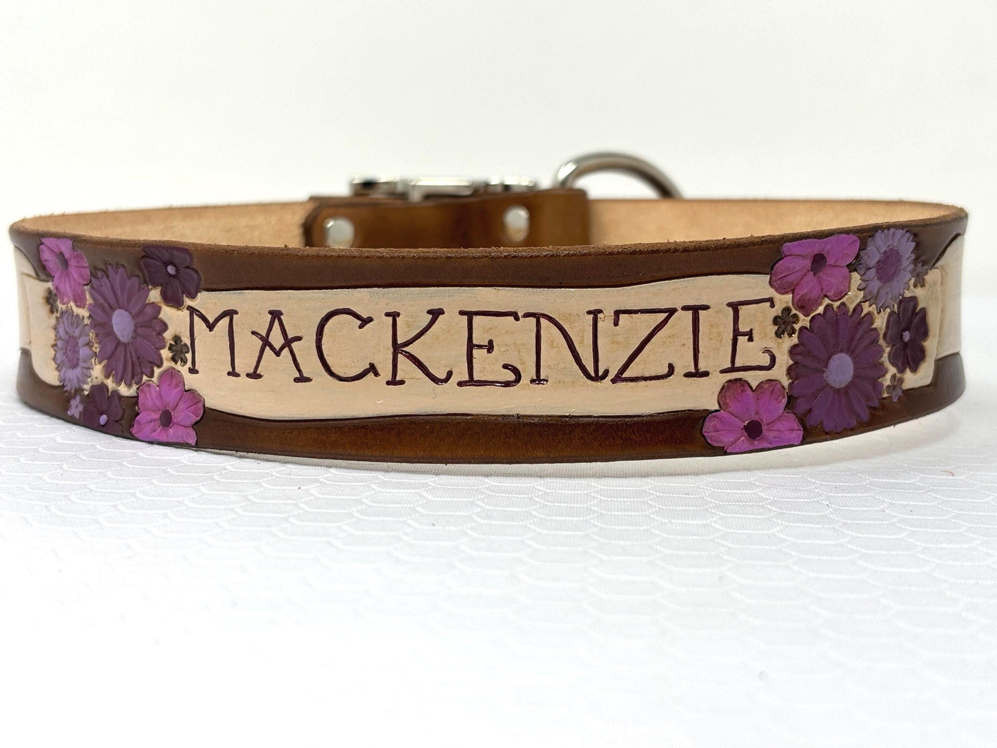 Personalized Purple Floral Engraved Leather - Girl Dog Collar - Custom Tattoo Font Pet ID Collar