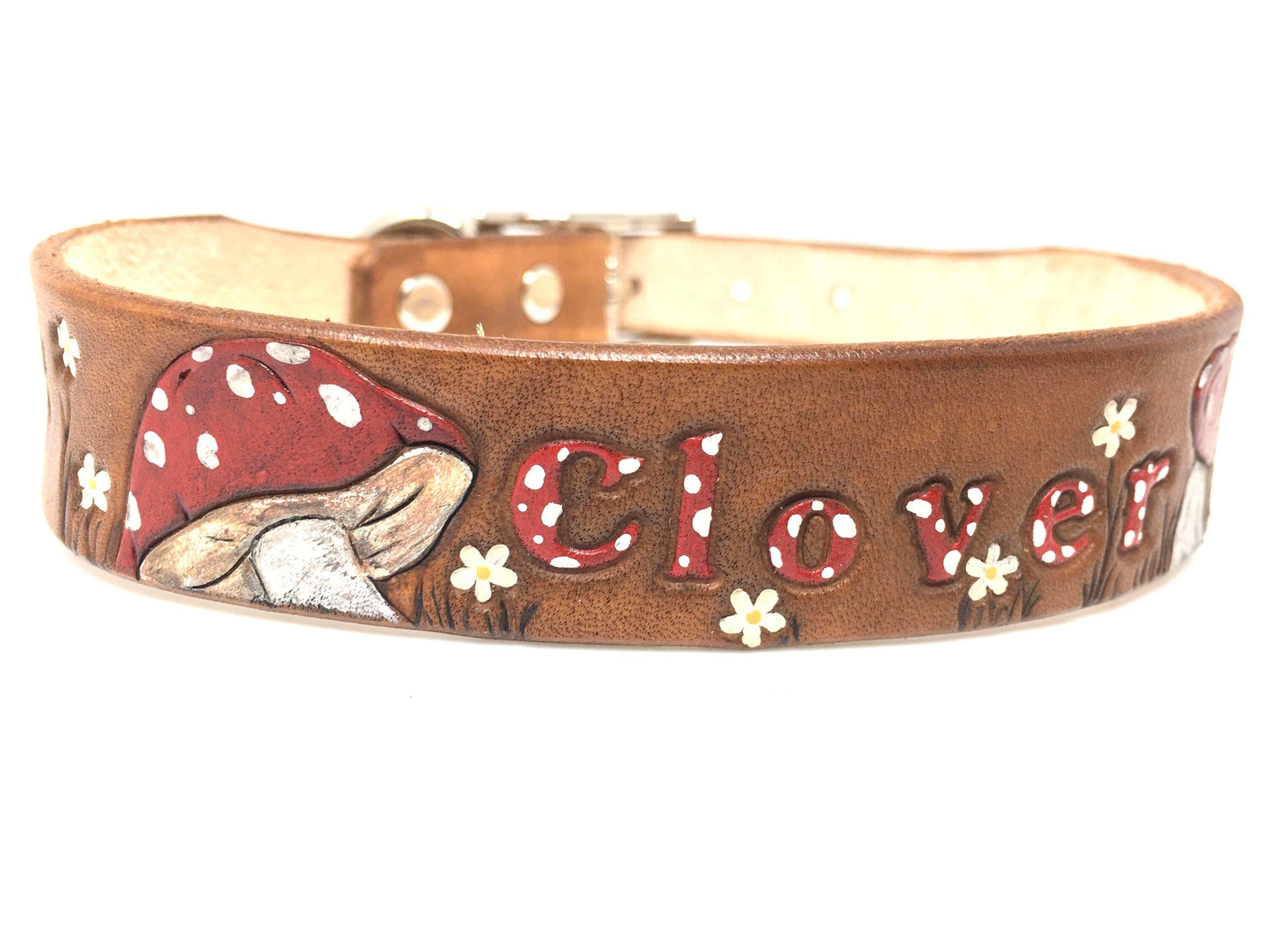 Whimsical Mushroom Leather Dog Collar for Girls - Floral Woodland Fairy Design with Polka Dots