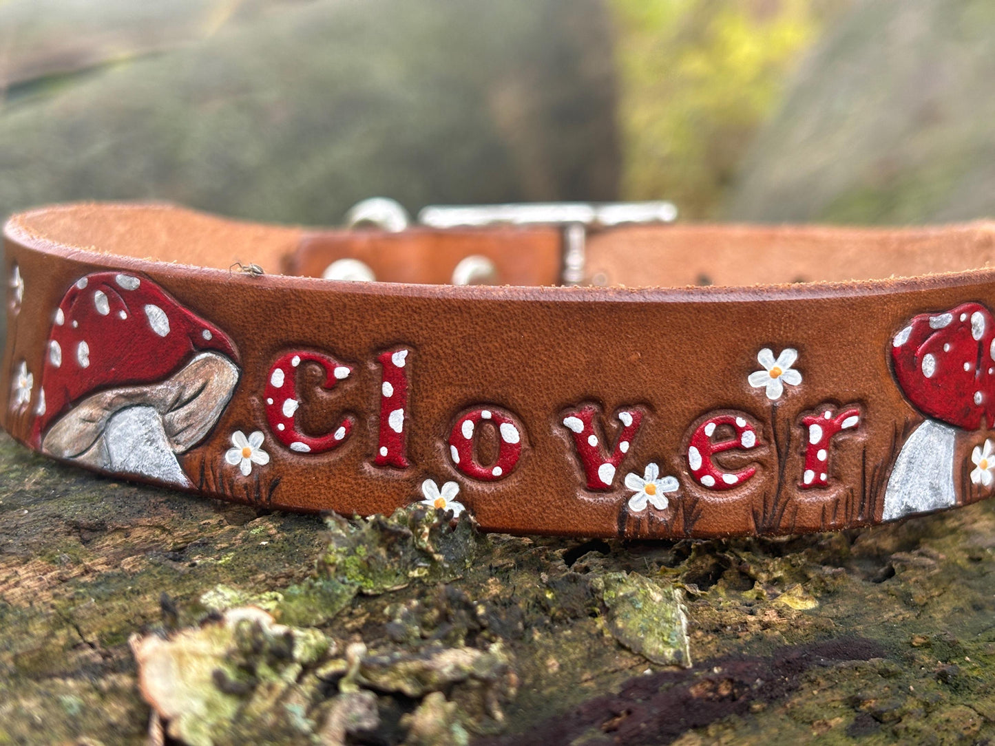 Whimsical Mushroom Leather Dog Collar for Girls - Floral Woodland Fairy Design with Polka Dots