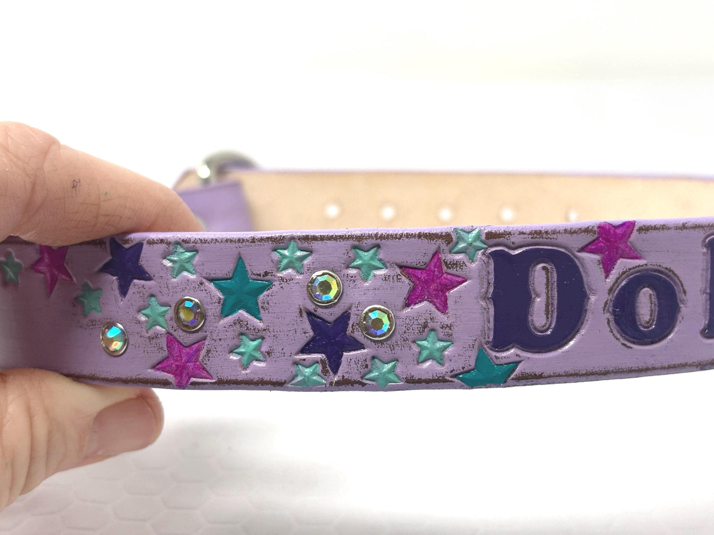 Rhinestone & Star Design - Leather Dog Collar - for Tough and Girly Dogs Lavender version