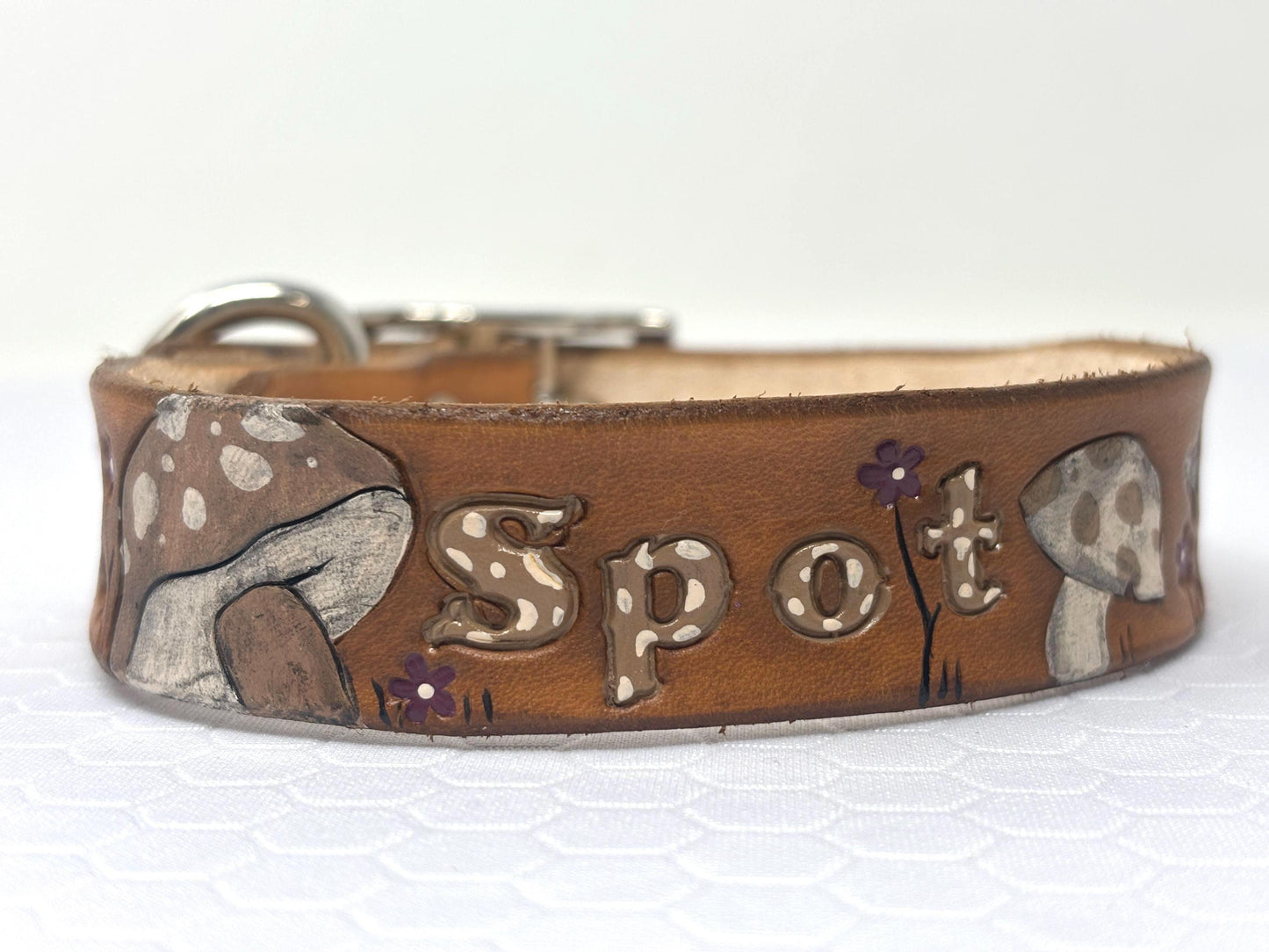 Whimsical Mushroom Leather Dog Collar for Girls - Floral Woodland Fairy Design with Polka Dots