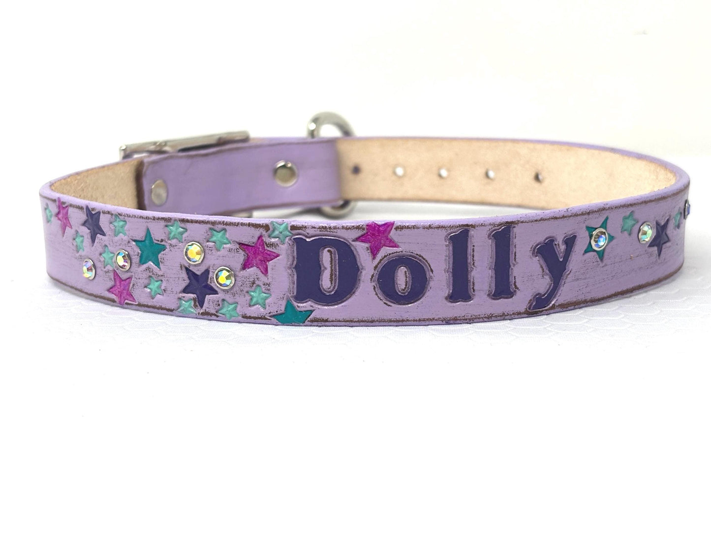 Rhinestone & Star Design - Leather Dog Collar - for Tough and Girly Dogs Lavender version