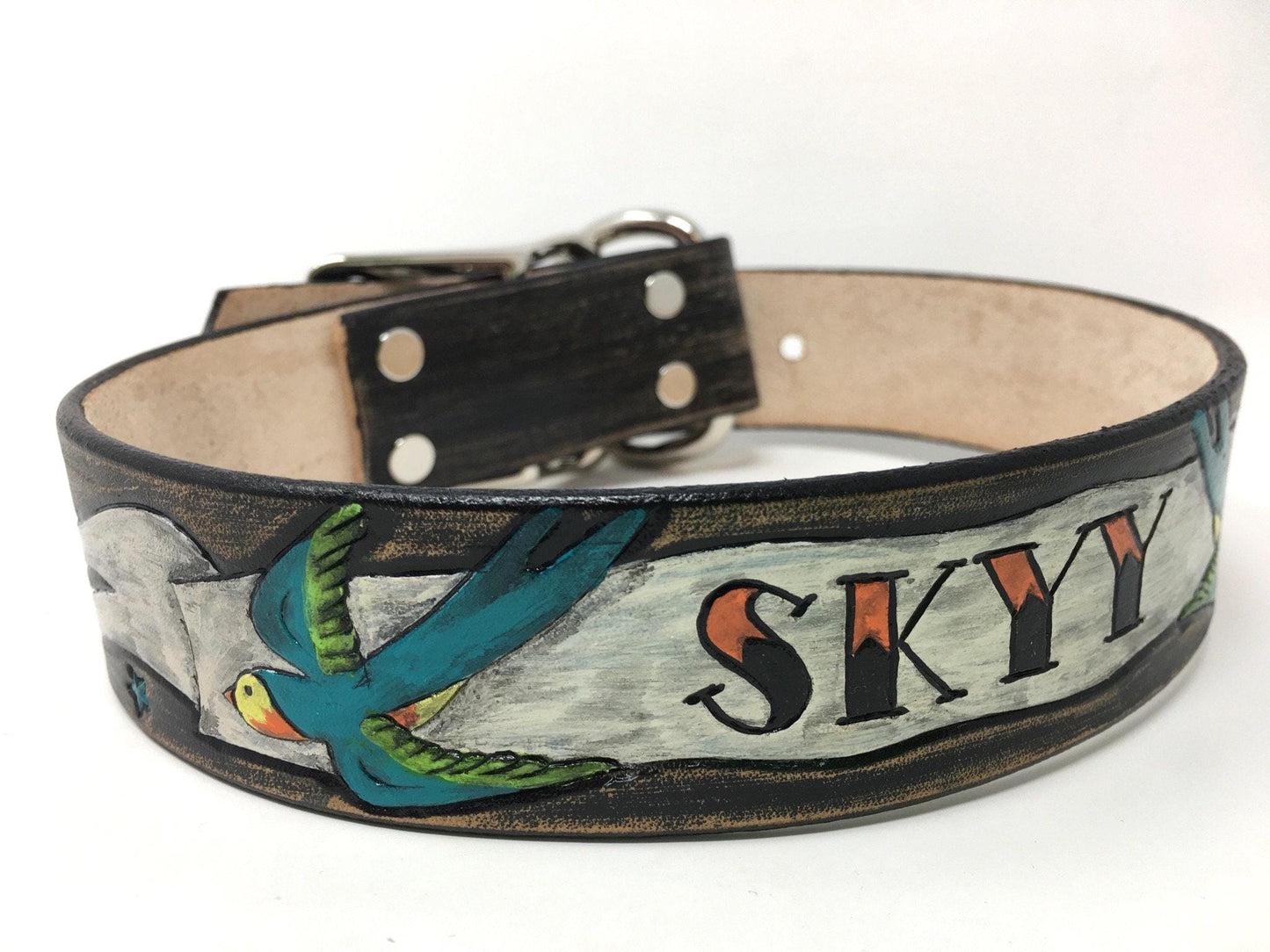 Personalized Leather Dog Collar | Tattoo Dog Collars | Swallow and Banner