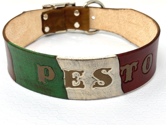 Personalized Italian Flag Leather Dog Collar - Customizable with Pet's Name for Patriotic Pups