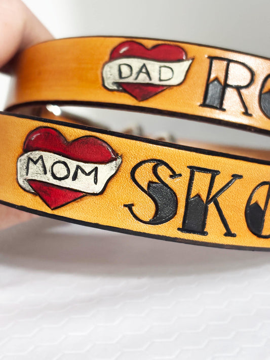 Valentine Dog Collar | Mom Heart Leather Dog Collar | Handmade Tattoo Heart Pet Gift | Unique Dog Mom Valentine Gift