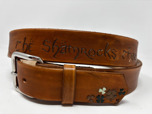 Women's Brown Leather Belt with Clovers - Custom Belts - Irish Design For Women | Irish Blessing