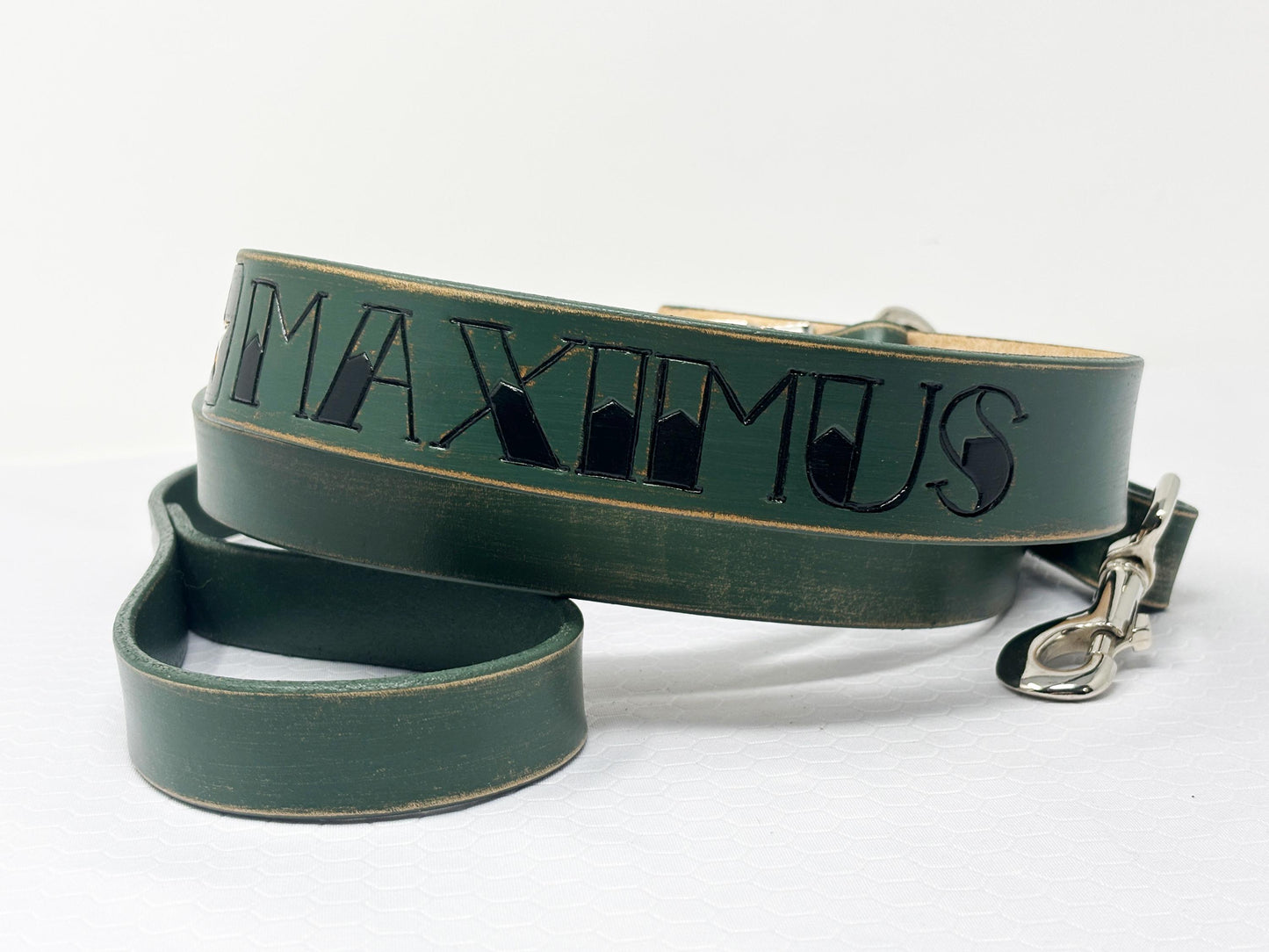 Distressed Olive Green Leather Dog Collar | Classic Dog Collar |  Matching Collar and Leash