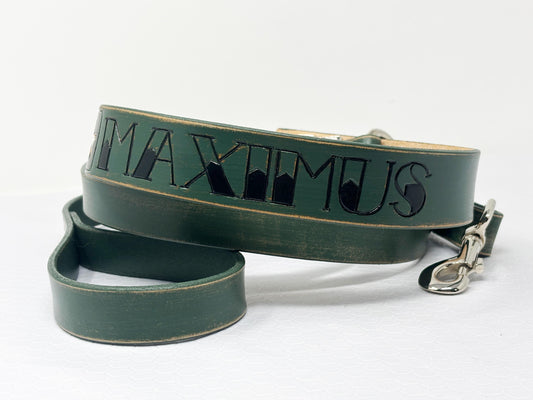 Distressed Olive Green Leather Dog Collar | Classic Dog Collar |  Matching Collar and Leash