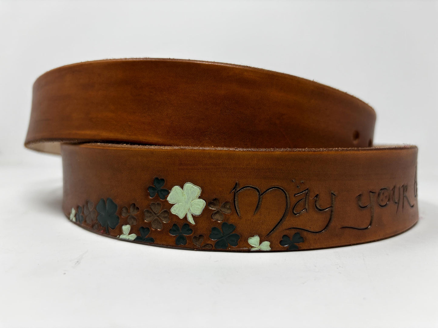 Women's Brown Leather Belt with Clovers - Custom Belts - Irish Design For Women | Irish Blessing