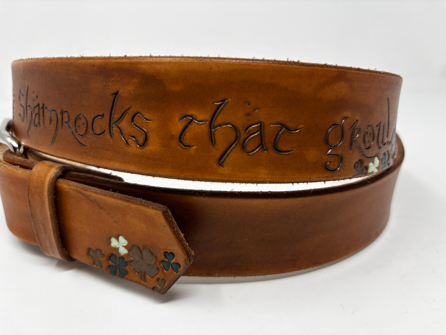 Women's Brown Leather Belt with Clovers - Custom Belts - Irish Design For Women | Irish Blessing
