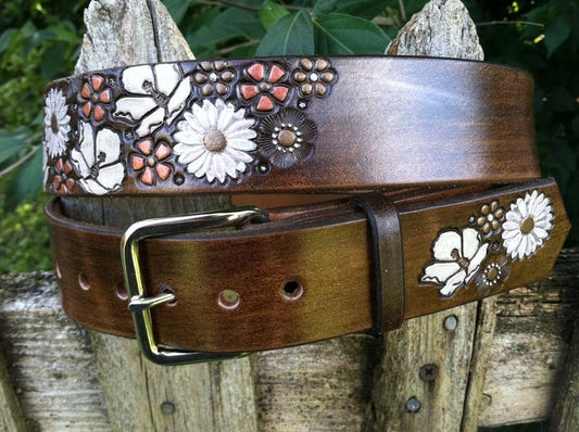 Artisan Bison Leather Belt with Hand-Painted Floral Design | Unique Western Style Hip Belt