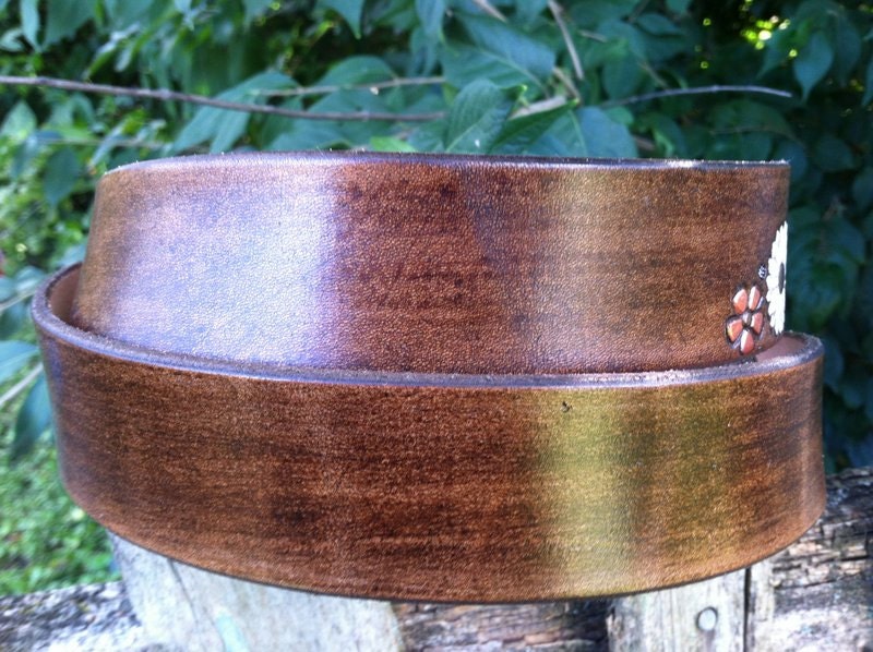 Artisan Bison Leather Belt with Hand-Painted Floral Design | Unique Western Style Hip Belt
