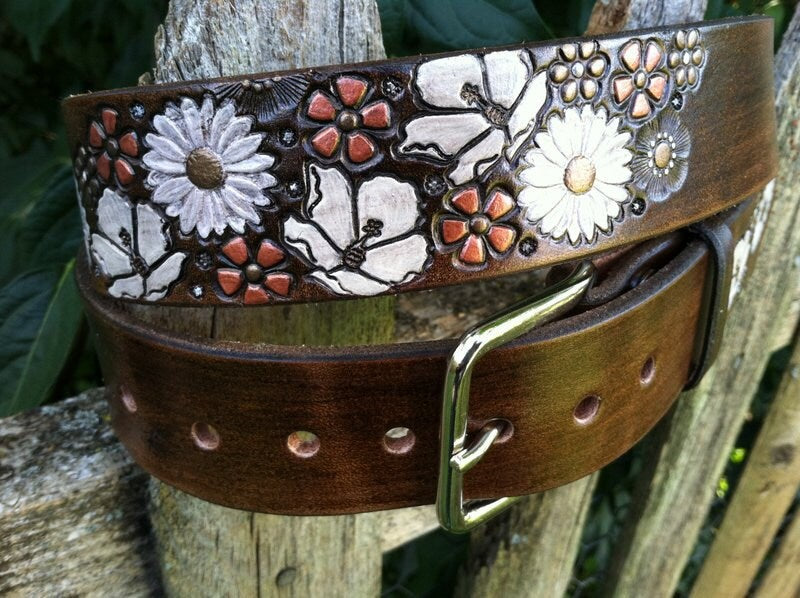 Artisan Bison Leather Belt with Hand-Painted Floral Design | Unique Western Style Hip Belt
