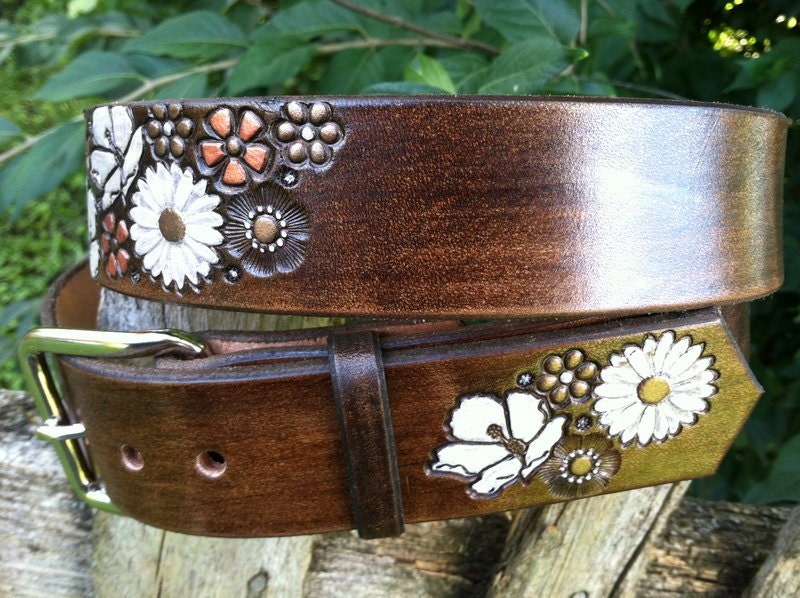 Artisan Bison Leather Belt with Hand-Painted Floral Design | Unique Western Style Hip Belt