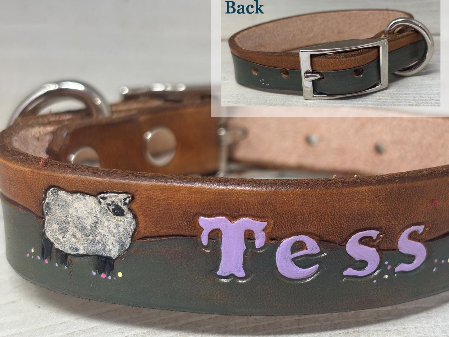 Herding Dog Collar | Personalized Leather Collar | Sheep Design | Border Collie Sheltie Aussie Corgi Custom Name Collar
