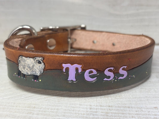 Herding Dog Collar | Personalized Leather Collar | Sheep Design | Border Collie Sheltie Aussie Corgi Custom Name Collar