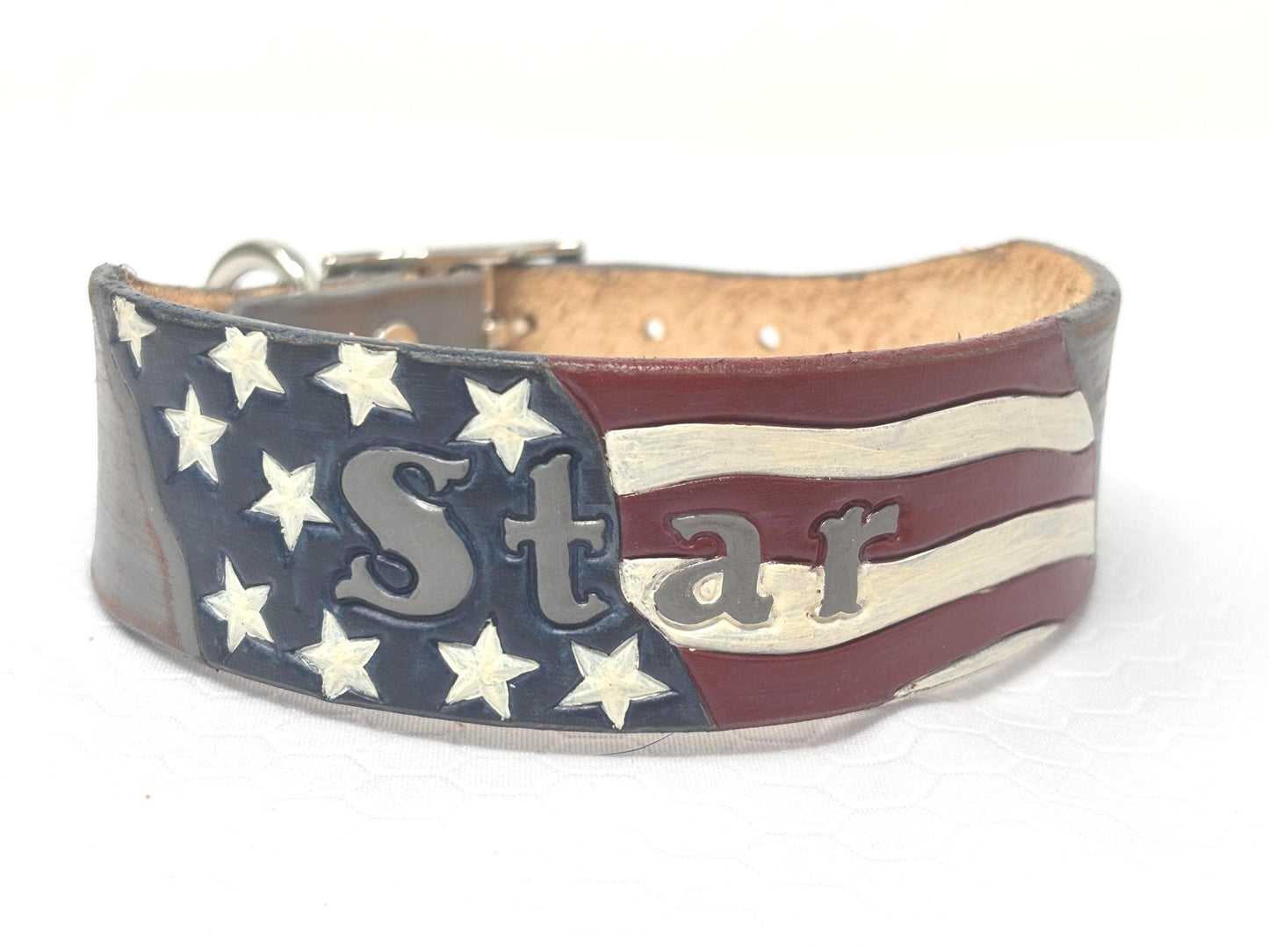Hand-tooled American flag leather dog collar | Patriotic dog collar | custom USA name collar for dogs