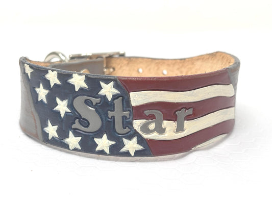 Hand-tooled American flag leather dog collar | Patriotic dog collar | custom USA name collar for dogs