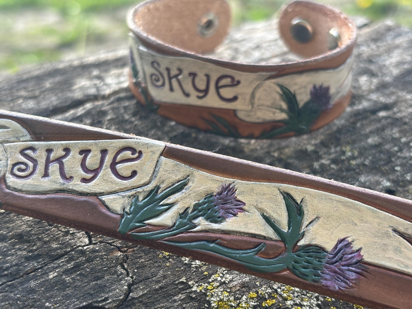 Scottish Thistle Leather Dog Collar & Matching Leather Cuff | Personalized Leather Dog Collar | Scottish Dog Breed Gift | Highland Style