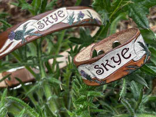 Scottish Thistle Leather Dog Collar & Matching Leather Cuff | Personalized Leather Dog Collar | Scottish Dog Breed Gift | Highland Style