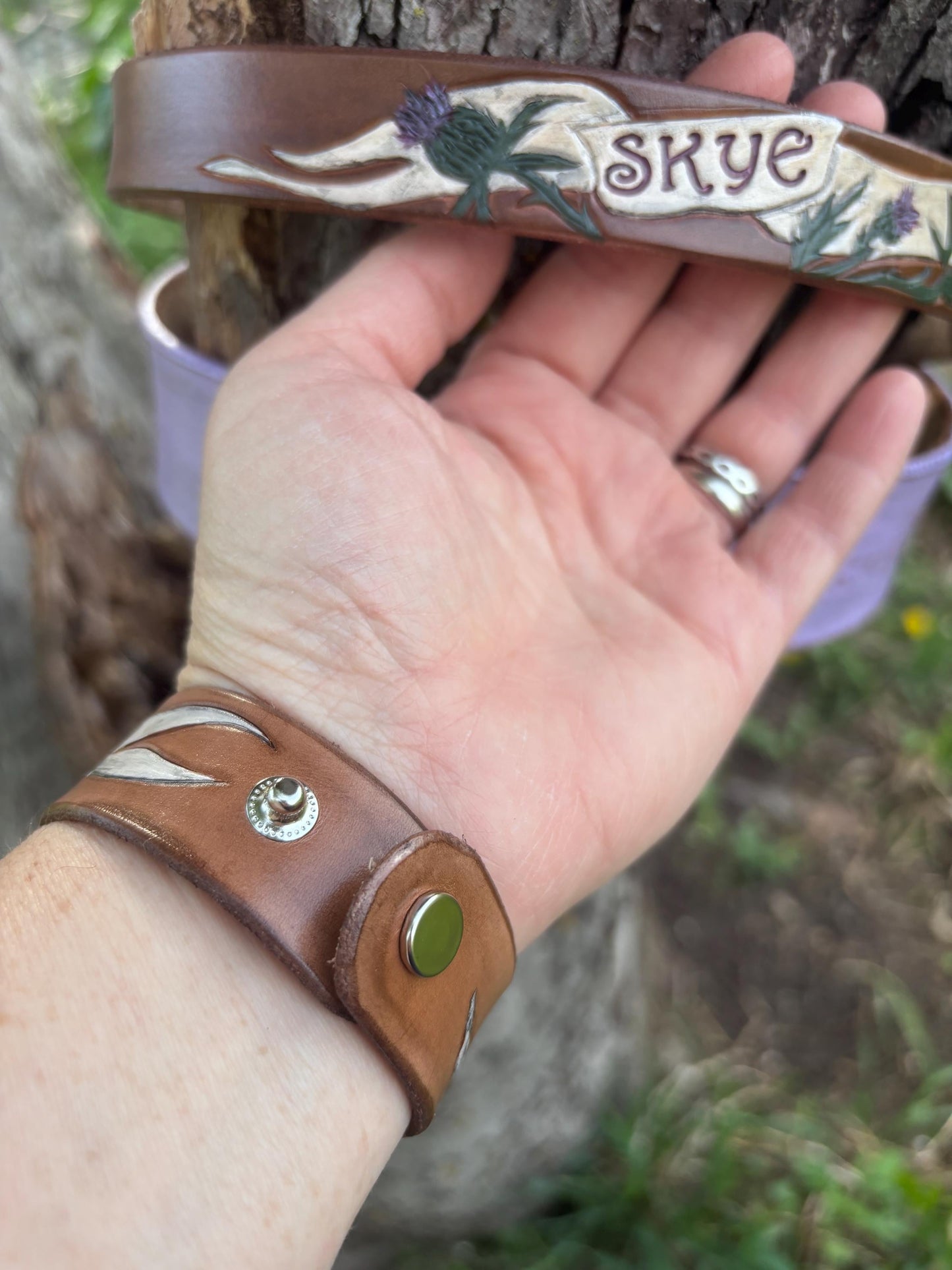 Scottish Thistle Leather Dog Collar & Matching Leather Cuff | Personalized Leather Dog Collar | Scottish Dog Breed Gift | Highland Style